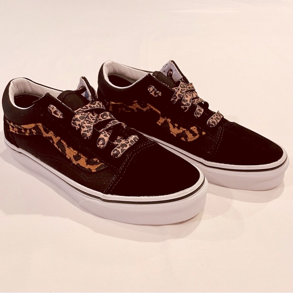 New Vans Leopard Fur Sneakers Girls 3 Old Skool Shoes Black Brown Suede Canvas